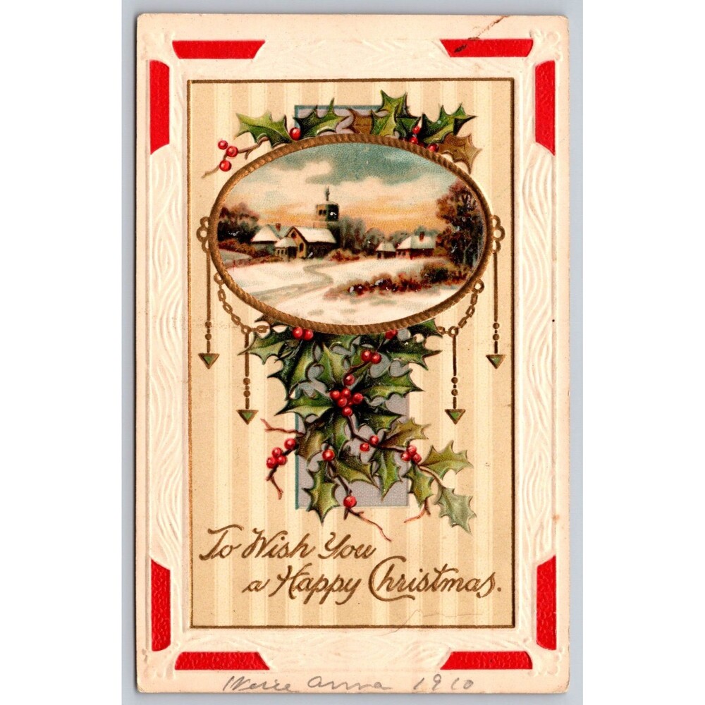Antique Postcard Happy Christmas Winter Snow Scene Embossed Posted 1910 Stamp MD